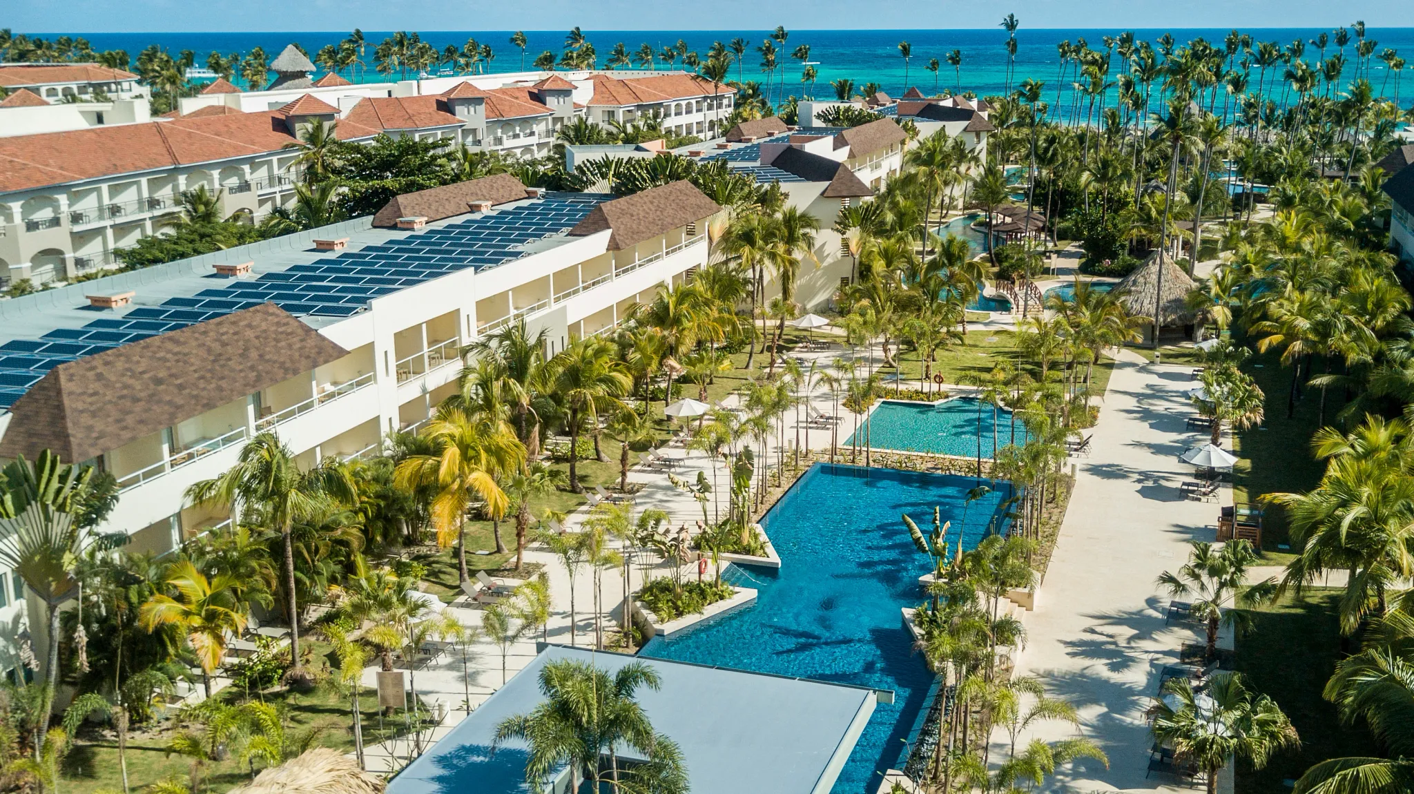Resort pool area with palm trees, sun loungers, and garden pathways at Dreams Royal Beach Punta Cana.